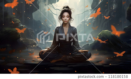 Woman meditating in nature with butterflies around 118180158