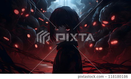 Dark figure standing among fearsome glowing-eyed monsters Dark figure standing among fearsome glowing-eyed monsters 118180186