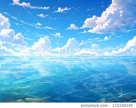 Calm and serene clear ocean water under blue sky 118180246