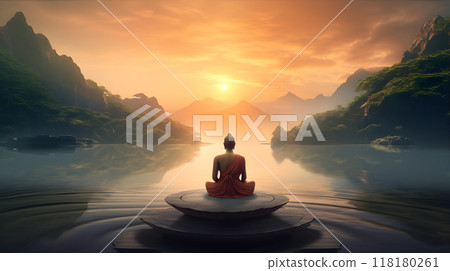 Silhouetted figure meditating by lake with sunset view 118180261