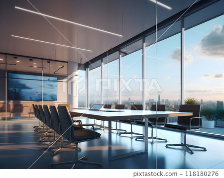 Modern conference room with city view during sunset. 118180276