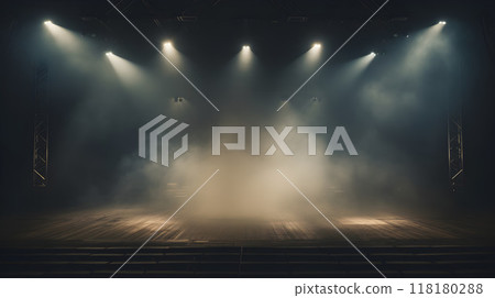 Empty stage with dark background and bright lights. 118180288