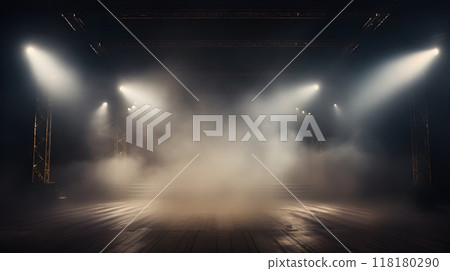 Dark stage with focused lights and visible smoke. 118180290