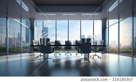Spacious modern office with glass walls and city view 118180307