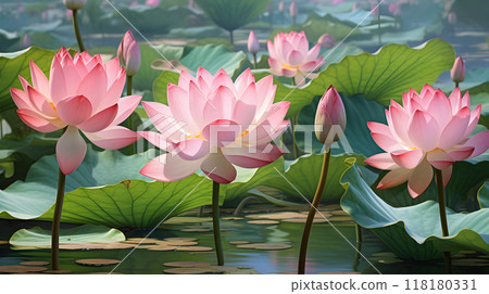 Pink lotus flowers in full bloom among green lily pads. 118180331