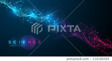Molecular abstract structure background. Scientific vector illustration with molecule DNA. Medical, science and technology concept for banner template or header Molecular abstract structure background. Scientific vector illustration with molecule DNA. Medical, science and technology concept for banner template or header 118180385
