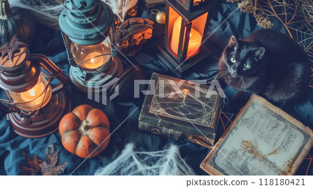 Halloween Black Cat with Lanterns and Spooky Decor Halloween Black Cat with Lanterns and Spooky Decor 118180421