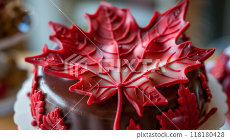 Chocolate Cake with Red Maple Leaf Decorations 118180428
