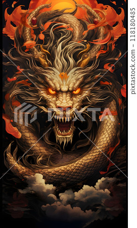 Dragon with fierce expression surrounded by fiery smoke 118180485