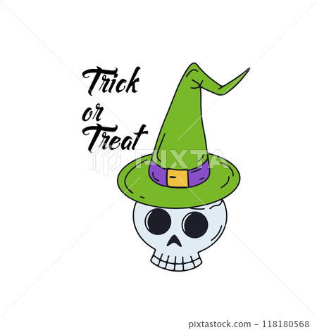 Card or poster with cute Halloween illustration with human skull wearing witch hat 118180568