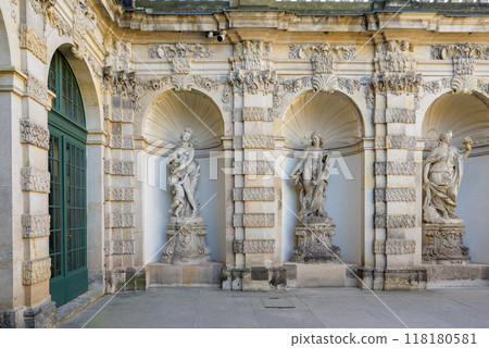 Zwinger palace complex with gardens, one of the most important buildings of the Baroque in Dresden, Germany 118180581