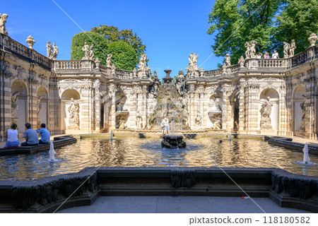 Zwinger palace complex with gardens, one of the most important buildings of the Baroque in Dresden, Germany 118180582