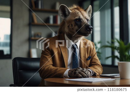 Close-up of a leader with a hyena head, a director in a business suit at a table in an office. The concept of cunning, punchy qualities, resourcefulness in big business for a manager. 118180675