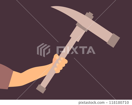 Hand holding a pickaxe for mining. Pickaxe is a working tool for working in a mine. Crypto Mining. Design for banners, posters and advertising products. Vector illustration 118180710