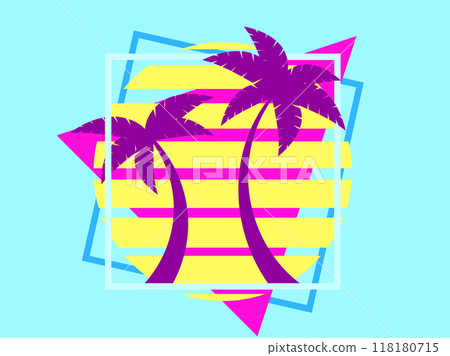 80s retro sci-fi palm trees on a sunset in triangular frame. Retro futuristic sun with palm trees. Synthwave and retrowave style. Design for advertising banners and posters. Vector illustration 118180715