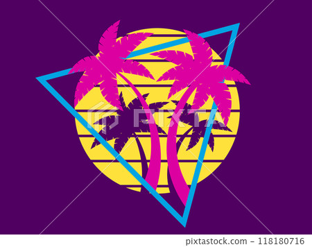 Palm trees at sunset retro sun in 80s style. Retro futuristic silhouettes of palm trees against the sun in a triangular frame. Synthwave style. Design for banners and posters. Vector illustration 118180716