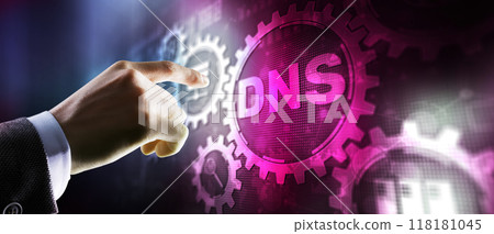 DNS. Domain name System on virtual screen. Network Web Communication 2024. Mixed media DNS. Domain name System on virtual screen. Network Web Communication 2024. Mixed media 118181045
