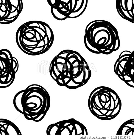 Doodle Curly Lines pattern in Black and White colors. Abstract Helix print. Naive playful squiggle background. Childish, Doodle drawing. Vector illustration. 118181071