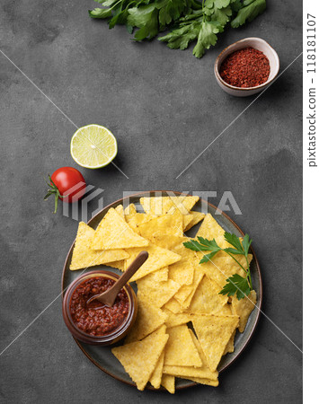 Nachos or tortilla with spicy tomato sauce on a plate with fresh herbs on a dark background Nachos or tortilla with spicy tomato sauce on a plate with fresh herbs on a dark background 118181107