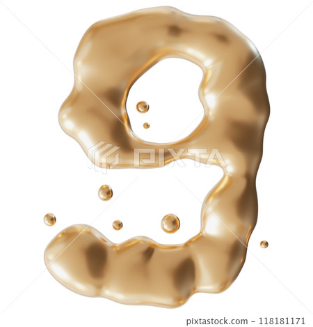 Dynamic golden liquid number 9, isolated on white background. Elegant fluid, luxurious metallic surface. Numeral nine. Flowing molten gold. Cut out design element. Ninth birthday, anniversary. 3D. Dynamic golden liquid number 9, isolated on white background. Elegant fluid, luxurious metallic surface. Numeral nine. Flowing molten gold. Cut out design element. Ninth birthday, anniversary. 3D. 118181171