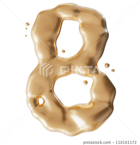 Dynamic golden liquid number 8, isolated on white background. Elegant fluid, luxurious metallic surface. Numeral eight. Flowing molten gold. Cut out design element. Eighth birthday, anniversary. 3D. Dynamic golden liquid number 8, isolated on white background. Elegant fluid, luxurious metallic surface. Numeral eight. Flowing molten gold. Cut out design element. Eighth birthday, anniversary. 3D. 118181172
