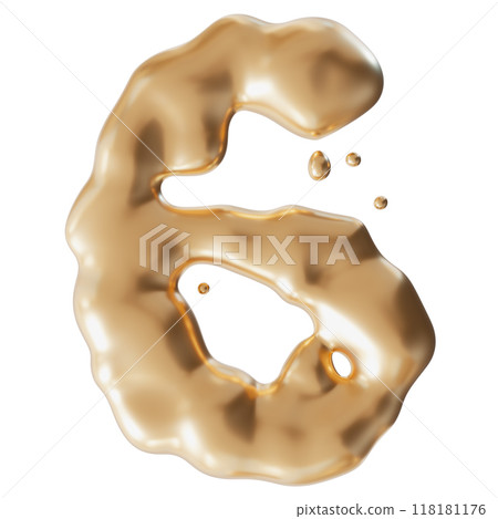 Dynamic golden liquid number 6, isolated on white background. Elegant fluid, luxurious metallic surface. Numeral six. Flowing molten gold. Cut out design element. Sixth birthday, anniversary. 3D. Dynamic golden liquid number 6, isolated on white background. Elegant fluid, luxurious metallic surface. Numeral six. Flowing molten gold. Cut out design element. Sixth birthday, anniversary. 3D. 118181176