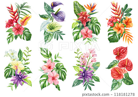 Bouquet flowers watercolor botanical painting isolated. Tropical palm leaf, orchid, hibiscus, paradise exotic flowers 118181278