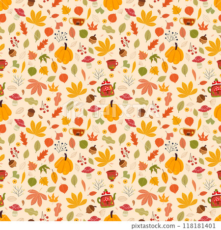 Autumn time, fall, leaves, hot tea, pumpkin, teapot, seamless pattern Autumn time, fall, leaves, hot tea, pumpkin, teapot, seamless pattern 118181401