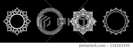 Set of decorative frames Elegant vector element for design in Eastern style, place for text. Floral black and white borders. Lace illustration for invitations and greeting cards. Set of decorative frames Elegant vector element for design in Eastern style, place for text. Floral black and white borders. Lace illustration for invitations and greeting cards. 118181545