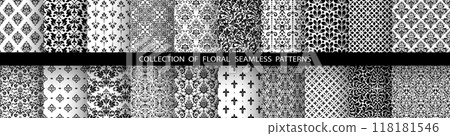 Geometric floral set of seamless patterns. White and black vector backgrounds. Damask graphic ornaments. Geometric floral set of seamless patterns. White and black vector backgrounds. Damask graphic ornaments. 118181546