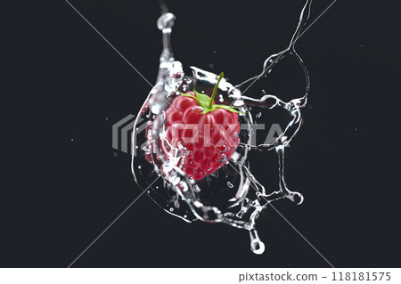 Raspberry falling water splash mockup, depth of field, dark background 118181575