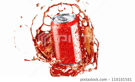 Blank red soda can water splash mockup, depth of field 118181581