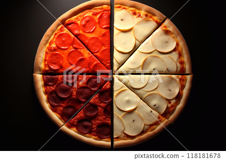 A close-up of a gourmet pizza topped with an assortment of ingredients including cheese, pear slices, bacon, prosciutto, meat, sausage, and tomato, all set against a black background 118181678