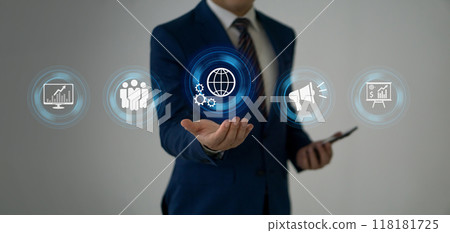 Businessman in suit and smartphone show the sign and icon of Digital marketing internet advertising and sales increasebusiness technology concept, online marketing, E-business,Ecommerce. 118181725