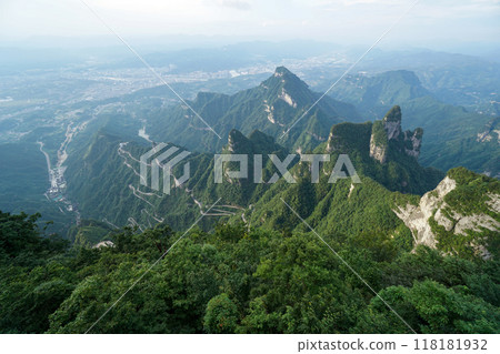High angle view of the dangerous 99 curves at the Tongtian Road to Tianmen Mountain, The Heaven's Gate at Zhangjiagie, Hunan Province, China High angle view of the dangerous 99 curves at the Tongtian Road to Tianmen Mountain, The Heaven's Gate at Zhangjiagie, Hunan Province, China 118181932