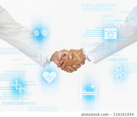 Healthcare professional and scientist in white lab coat shaking hand on white background. Showing symbol of medicine innovation, treatment, discovery and healthcare analysis. Healthcare professional and scientist in white lab coat shaking hand on white background. Showing symbol of medicine innovation, treatment, discovery and healthcare analysis. 118181934