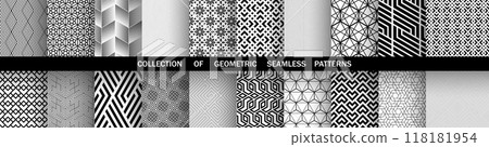 Geometric set of seamless black and white patterns. Simple vector graphics. 118181954