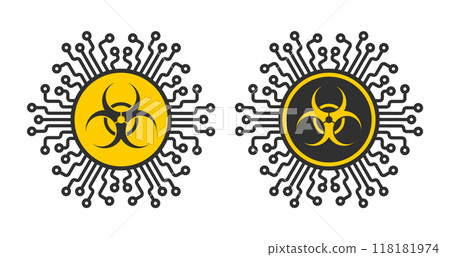 Computer virus micropchip symbol, Cyber Security Icon. Shield Security Lock ML icon, Artificial intelligence sign. Vector illustration image. Isolated on white background. 118181974
