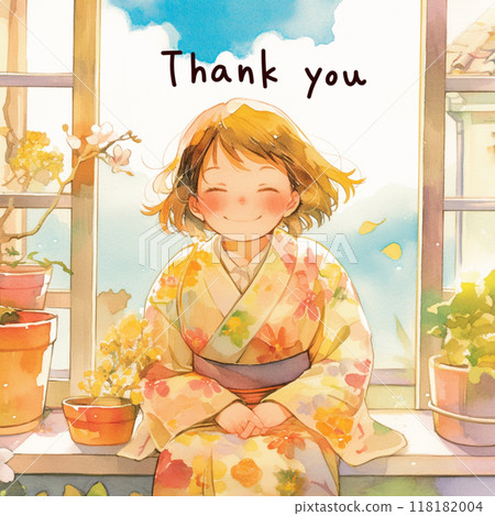 一個穿著和服微笑的女人，窗邊寫著“謝謝” 118182004