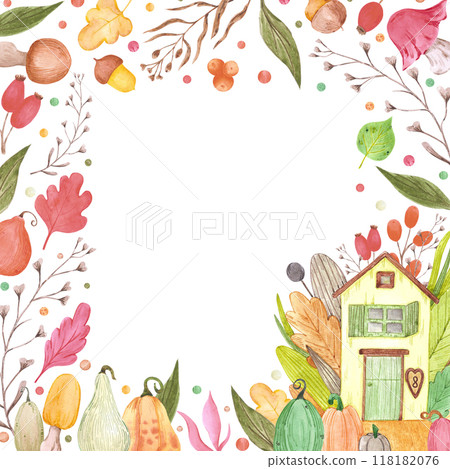 Hand drawn watercolor autumn fairytale house with berries and mushrooms frame border isolated on white background. Can be used for postcard, invitation, scrapbook and other printed products. Hand drawn watercolor autumn fairytale house with berries and mushrooms frame border isolated on white background. Can be used for postcard, invitation, scrapbook and other printed products. 118182076
