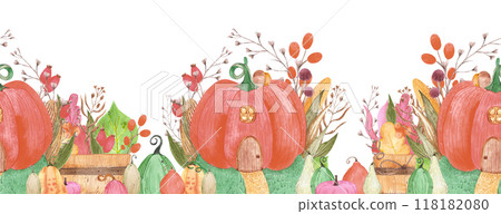 Hand drawn watercolor autumn fairytale pumpkin house seamless frame border isolated on white background. Can be used for textile, fabric, scrapbook and other printed products. Hand drawn watercolor autumn fairytale pumpkin house seamless frame border isolated on white background. Can be used for textile, fabric, scrapbook and other printed products. 118182080