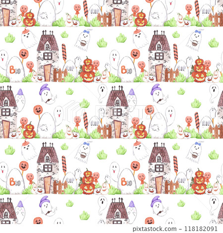 Hand drawn watercolor halloween ghosts and haunted house seamless pattern isolated on white background. Can be used for textile, fabric, scrapbook and other printed products. Hand drawn watercolor halloween ghosts and haunted house seamless pattern isolated on white background. Can be used for textile, fabric, scrapbook and other printed products. 118182091