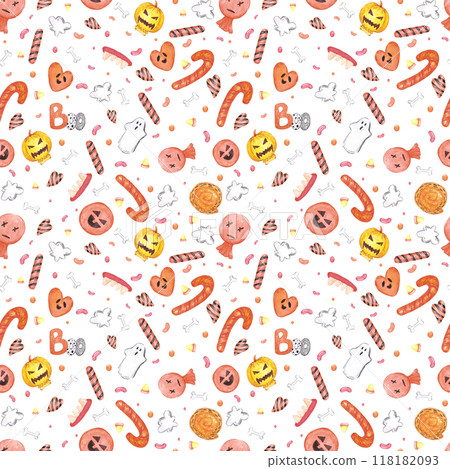 Hand drawn watercolor Halloween treats seamless pattern isolated on white background. Can be used for textile, fabric, scrapbook and other printed products. Hand drawn watercolor Halloween treats seamless pattern isolated on white background. Can be used for textile, fabric, scrapbook and other printed products. 118182093