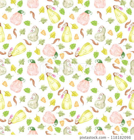Hand drawn watercolor autumn pumpkins and leaves seamless pattern isolated on white background. Can be used for textile, fabric, scrapbook and other printed products. Hand drawn watercolor autumn pumpkins and leaves seamless pattern isolated on white background. Can be used for textile, fabric, scrapbook and other printed products. 118182098