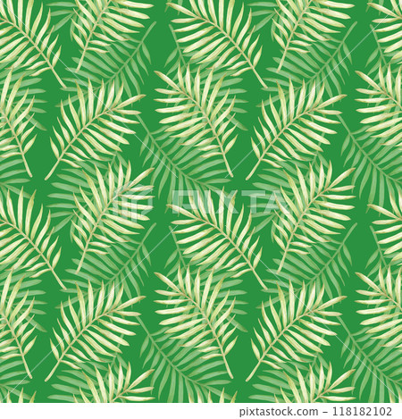 Hand drawn watercolor green palm tree leaves seamless pattern isolated on green background. Can be used for textile, fabric and other printed products. 118182102