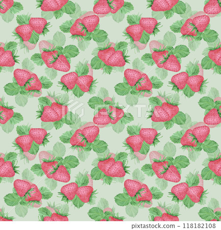 Hand drawn watercolor ripe strawberry with green leaves seamless pattern isolated on mint background. Can be used for textile, fabric and other printed products. 118182108