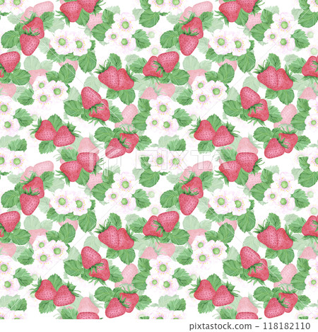 Hand drawn watercolor ripe strawberry with green leaves and blossom seamless pattern isolated on white background. Can be used for textile, fabric and other printed products. 118182110