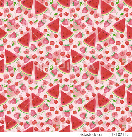 Hand drawn watercolor ripe berries and watermelon seamless pattern isolated on pink background. Can be used for textile, fabric and other printed products. 118182112