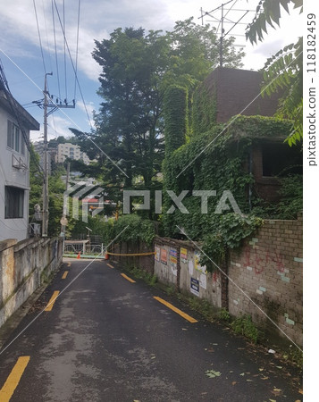 a view through tram window of the country side 118182459