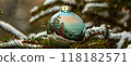 Hand-Painted Christmas Ornament on Snowy Pine Branch 118182571